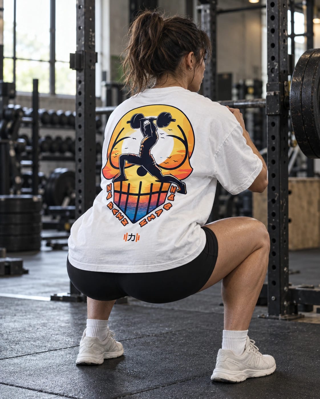 Polera Ganbaru Zoro blanca puesta en el gimnasio.
