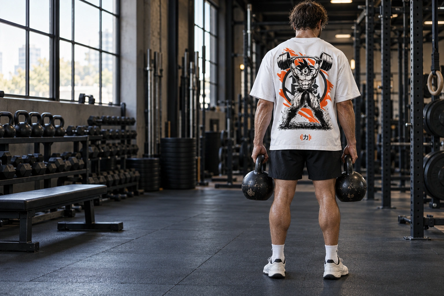 Polera Ganbaru blanca, espalda, con kettlebells.